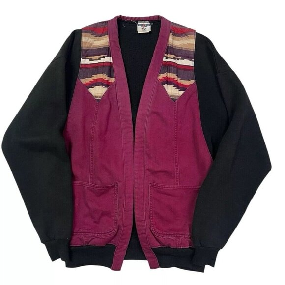 Vtg Jerzees Denim Sweatshirt Rework Jacket Red Patchwork Southwestern Aztec XL - Picture 1 of 12